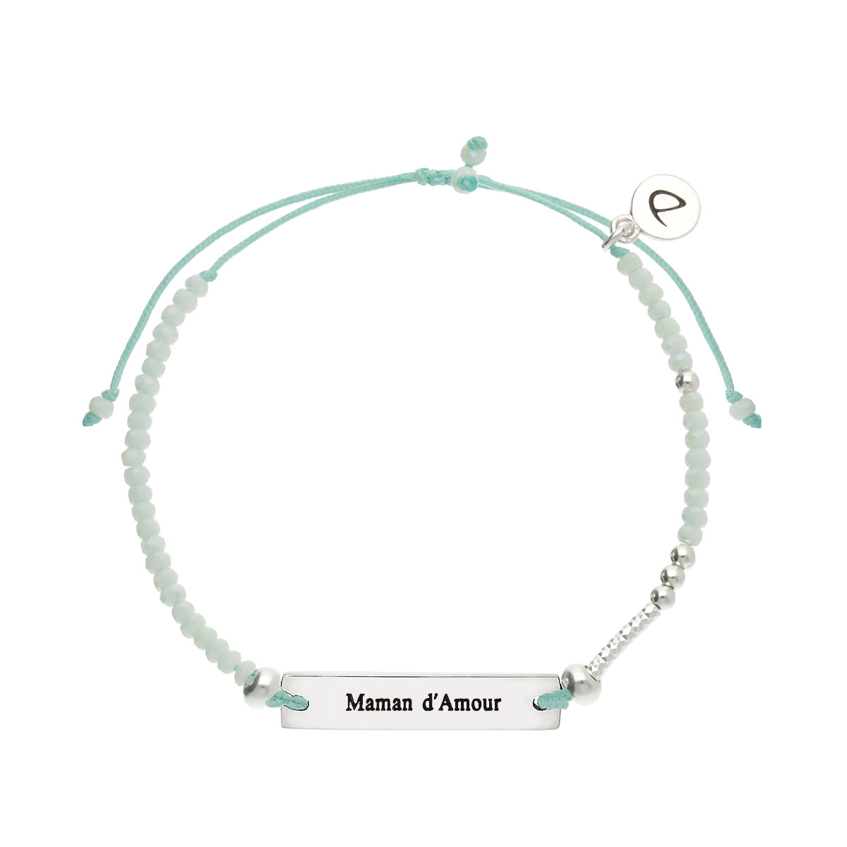 Bracelet Argent 925 Message Maman D\'amour Cordon Vert Perles Vert Clair