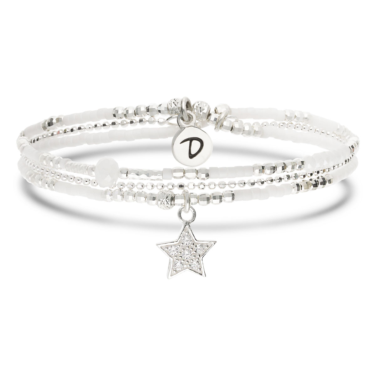 Bracelet Élastique En Argent 925 2 Tours Et Chaîne Blanc Orné D\'Une Étoile Pavée D\'Oxydes De Zirconium