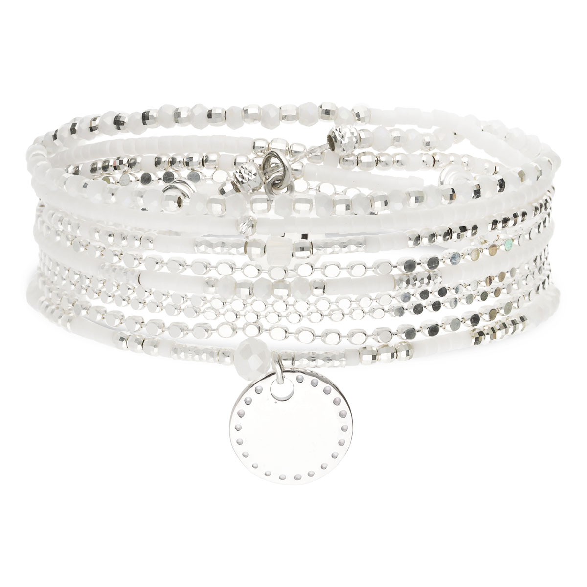 Bracelet Élastique En Argent 925 5 Tours Blanc Chaîne Pastille Cloutée Gravable