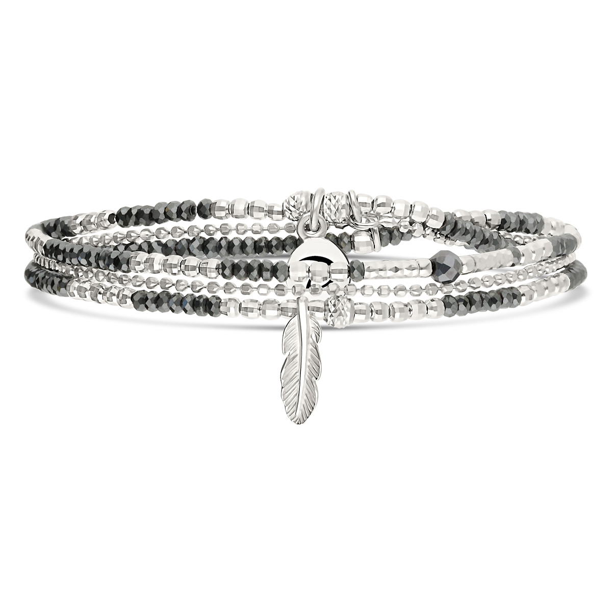 Bracelet Élastique 2 Tours Argent 925 Hématite Plume Sauvage