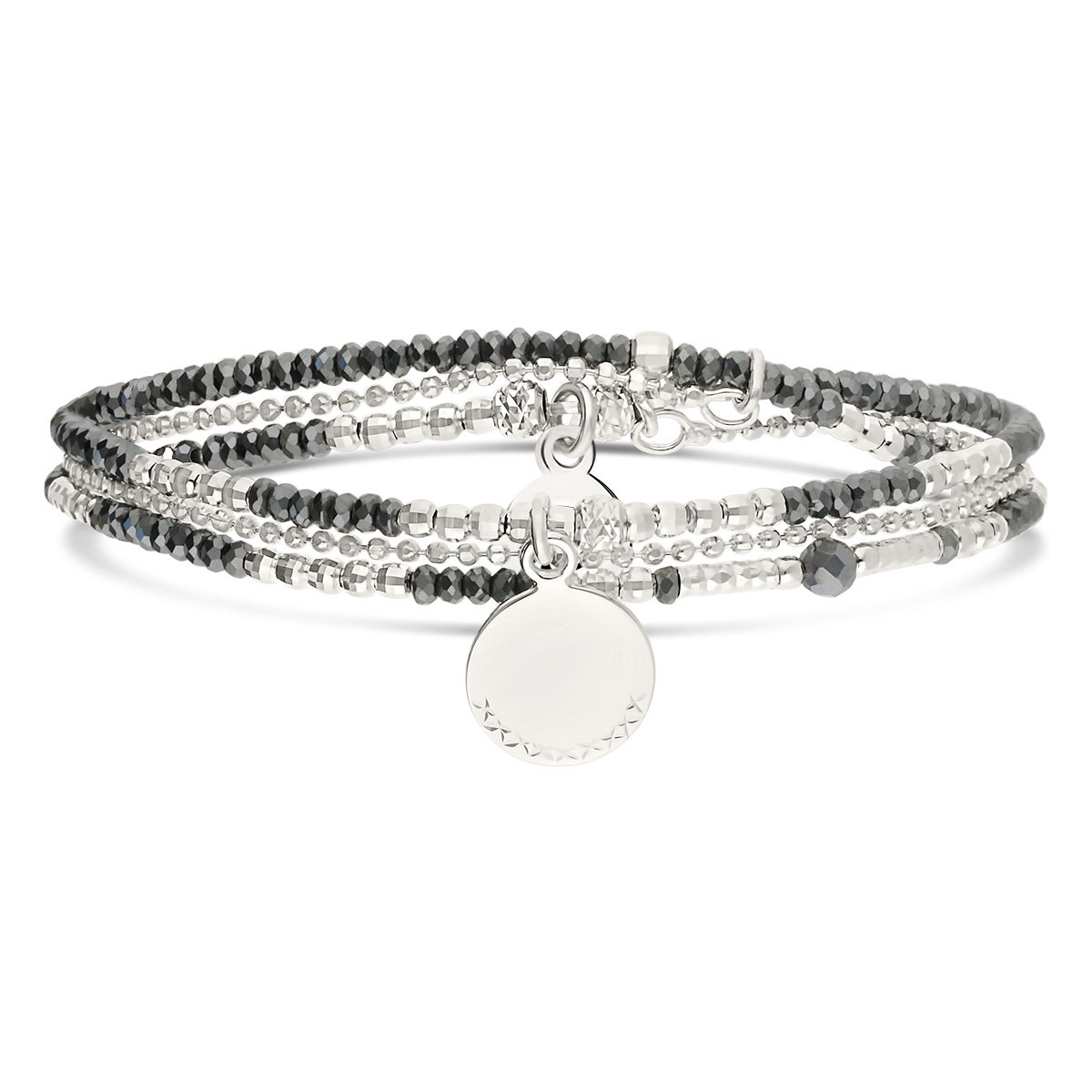 Bracelet Élastique 2 Tours Argent 925 Hématite Pastille Ciselée Gravable
