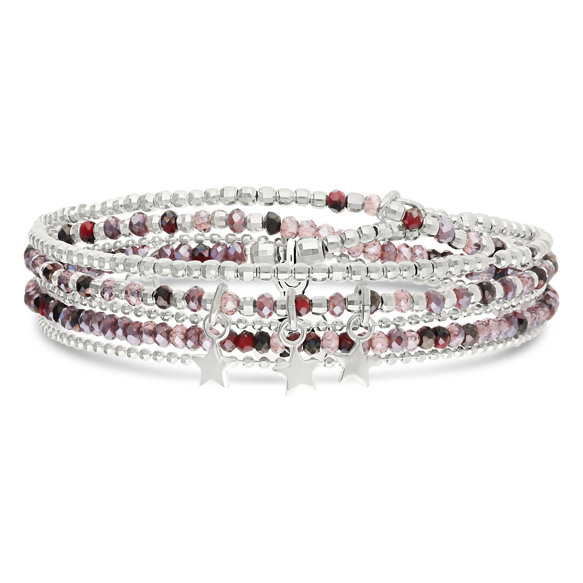 Bracelet Élastique 3 Tours Argent 925 Violet Prune Étoiles Vagabondes
