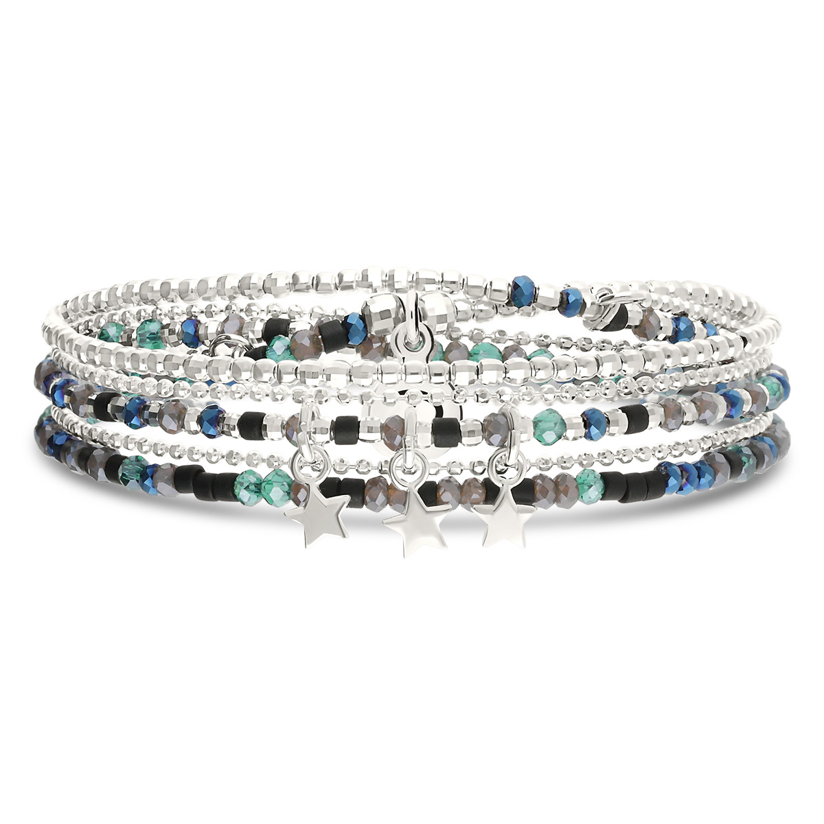 Bracelet Élastique 3 Tours Argent 925 Noir Turquoise Étoiles Vagabondes