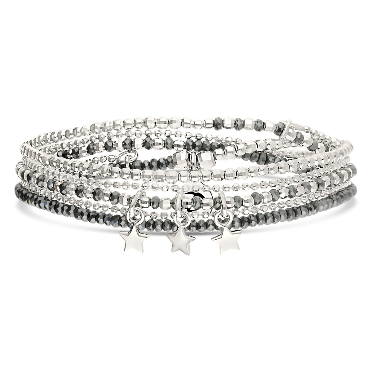 Bracelet Élastique 3 Tours Argent 925 Hématite Étoiles Vagabondes