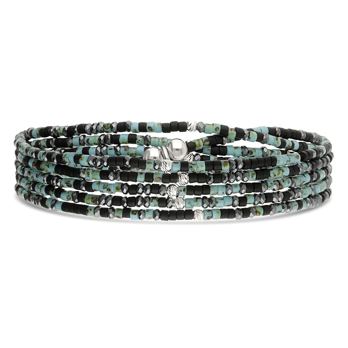 Bracelet Élastique 5 Tours Argent 925 Noir Turquoise Hématite Le Mix