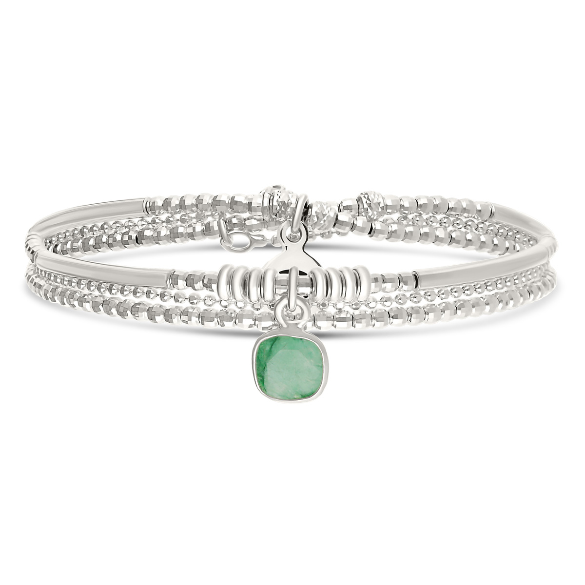 Bracelet Élastique 2 Tours Argent 925 Pierre Émeraude