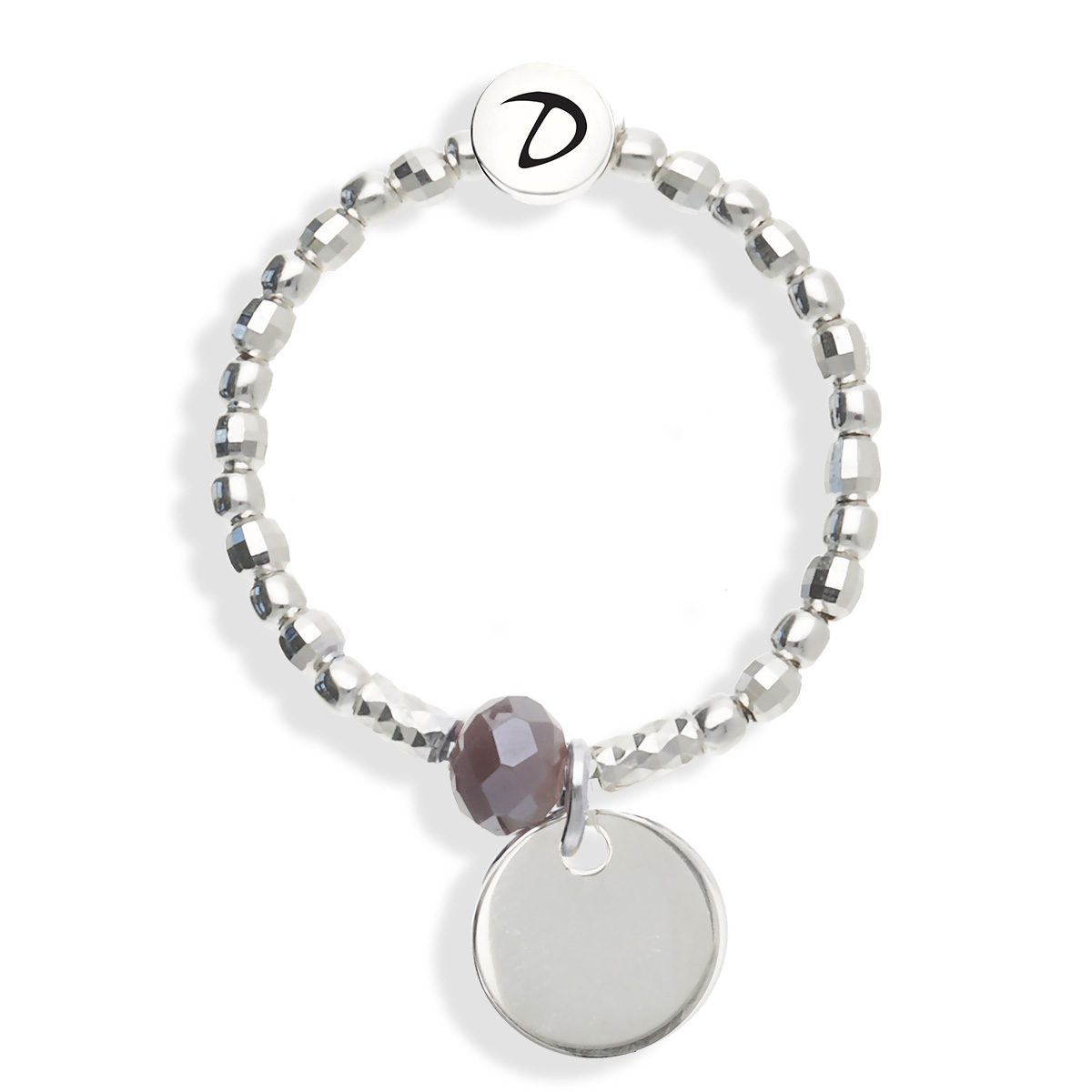 Bague Élastique Argent 925 Perle Violette Pastille Gravable