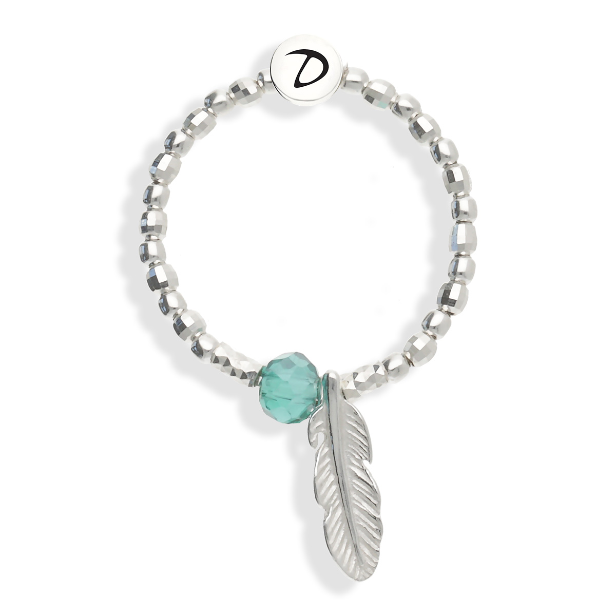 Bague Élastique Plume Perle Verte Argent 925