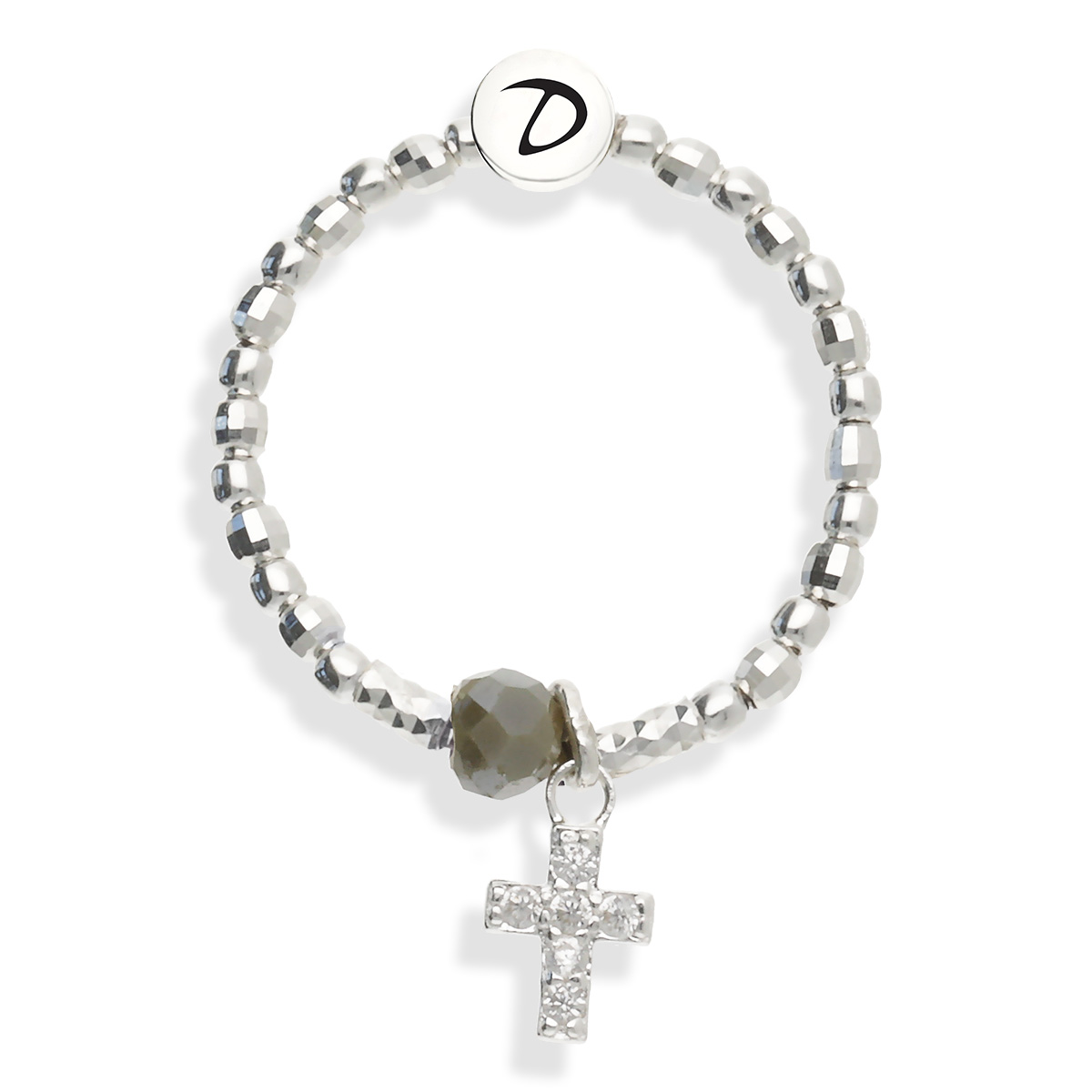 Bague Élastique Croix Oxyde Perle Kaki Argent 925