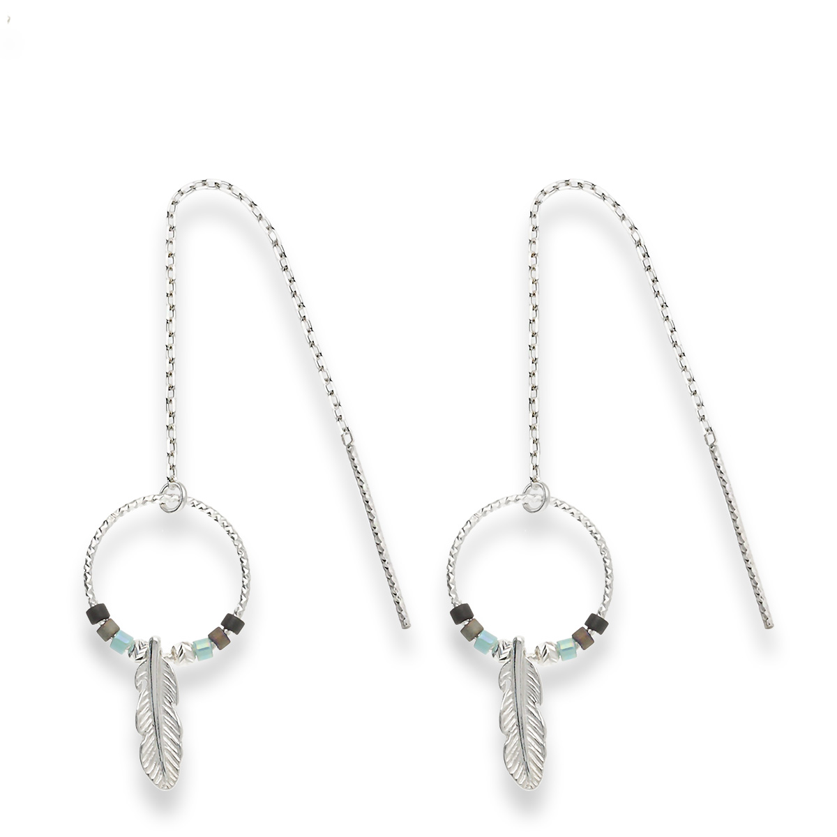 Boucles Pendantes Argent 925 Plume Bohème Noir Turquoise