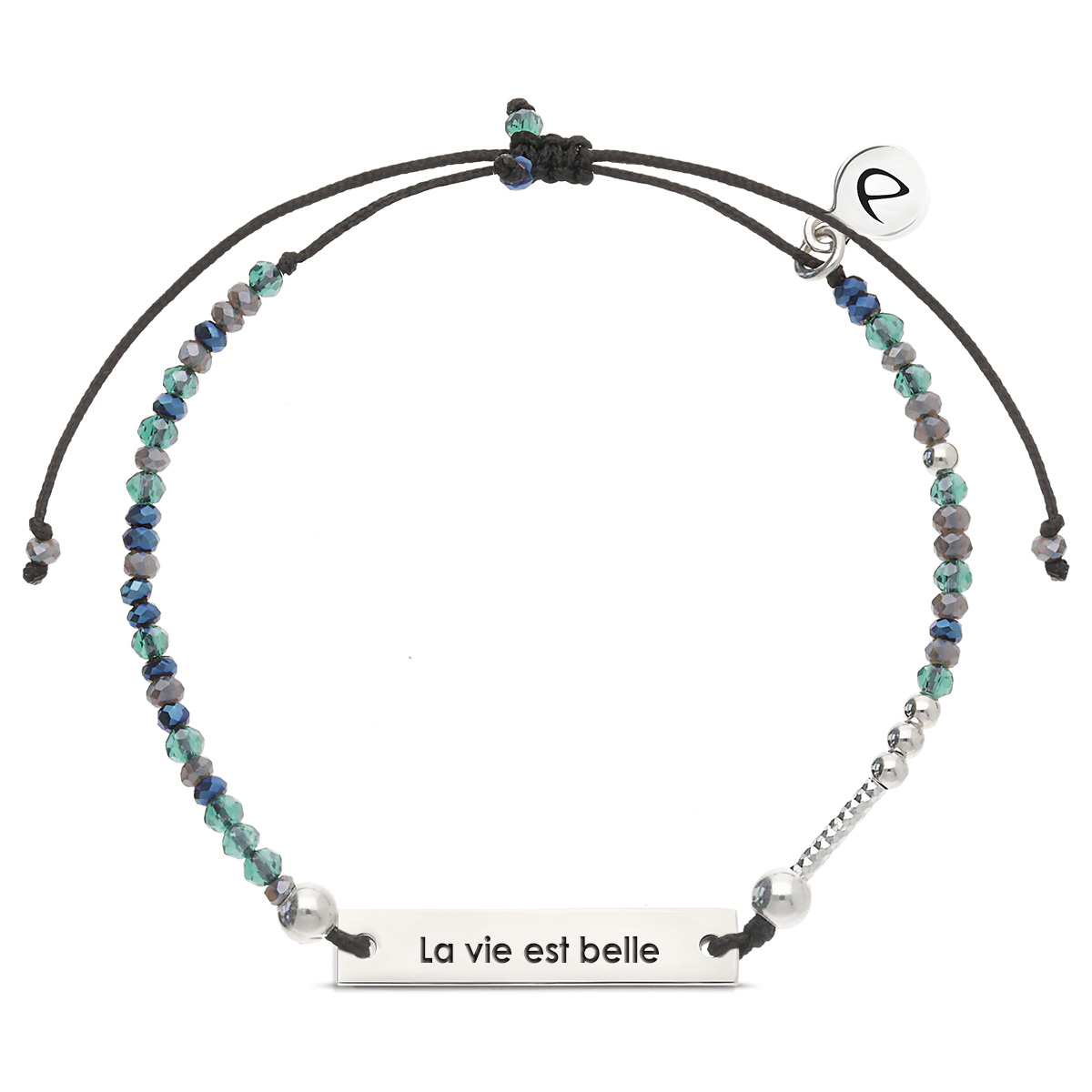 Bracelet Argent 925 Message La vie est belle! Cordon Noir Perles Noir Turquoise