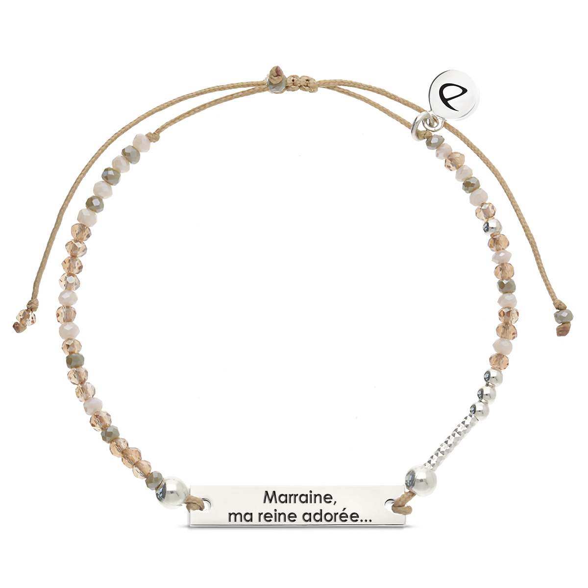 Bracelet Argent 925 Message Marraine Ma Reine adorée... Cordon Beige Perles Beige Nude