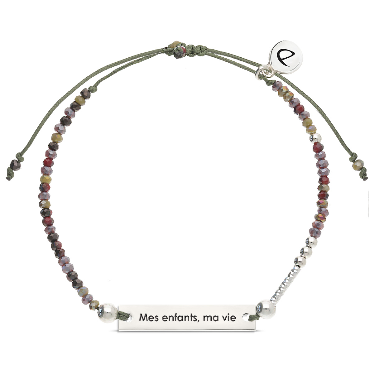 Bracelet Argent 925 Message Mes enfants, ma vie! Cordon Kaki Perles Violet Kaki
