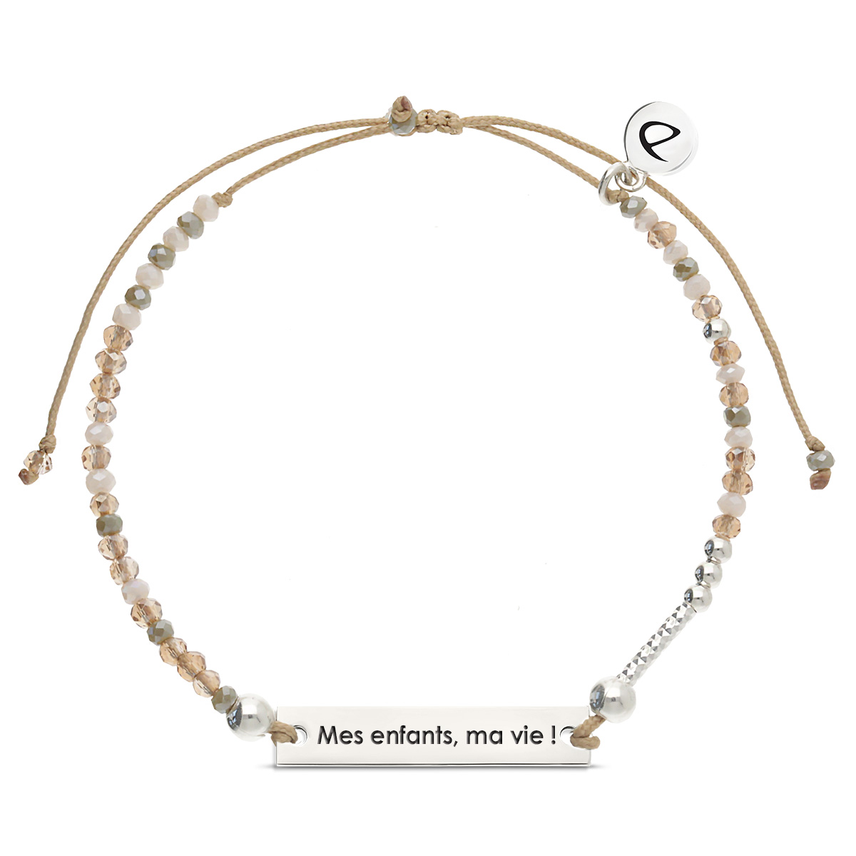 Bracelet Argent 925 Message Mes enfants, ma vie! Cordon Beige Perles Beige Nude