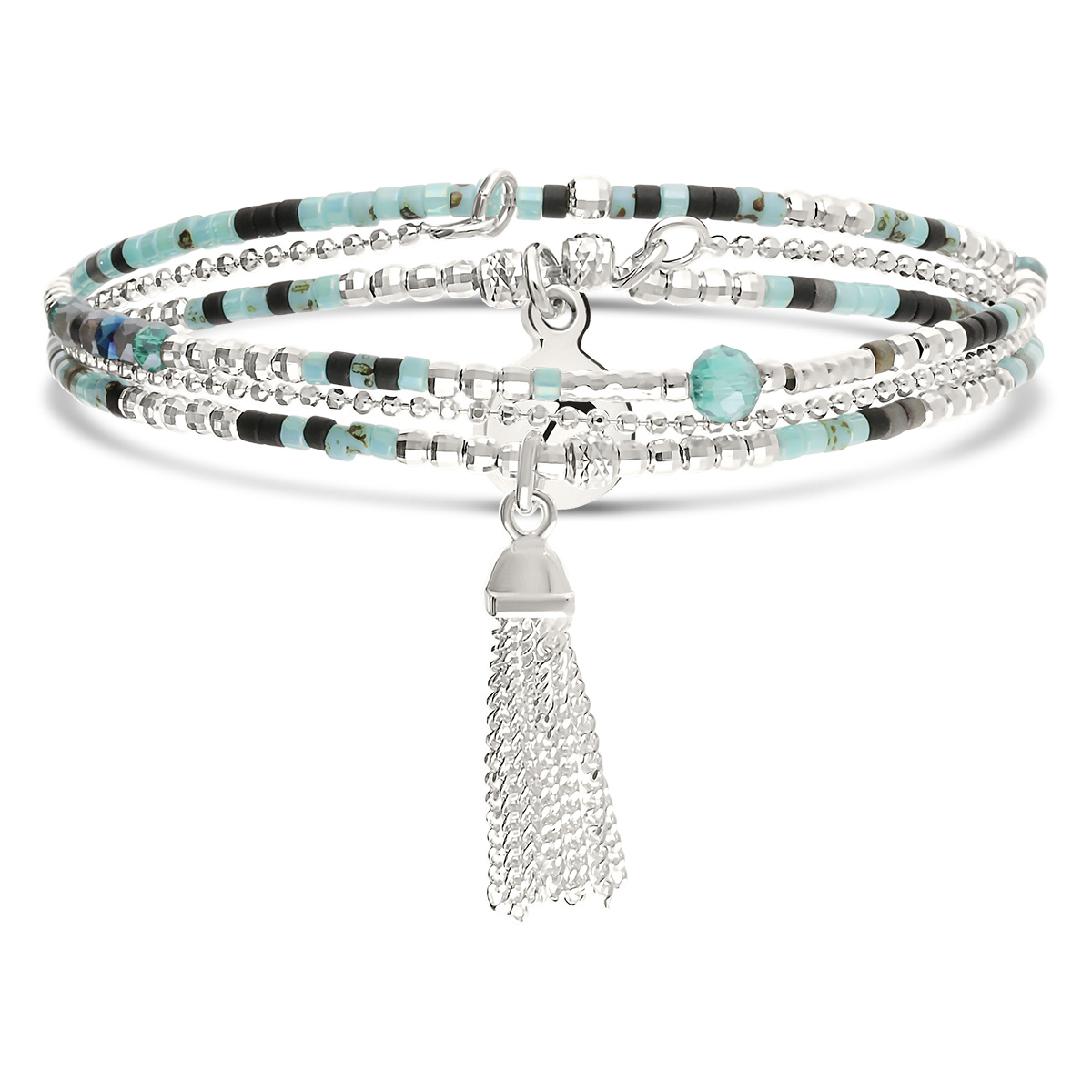Bracelet Élastique 2 Tours Argent 925 Spring Noir Turquoise Pompon