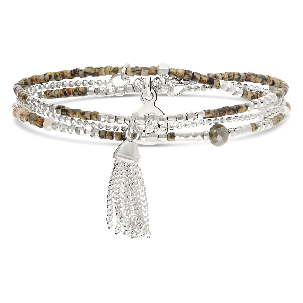Bracelet Élastique 2 Tours Argent 925 Spring Beige Léopard Pompon