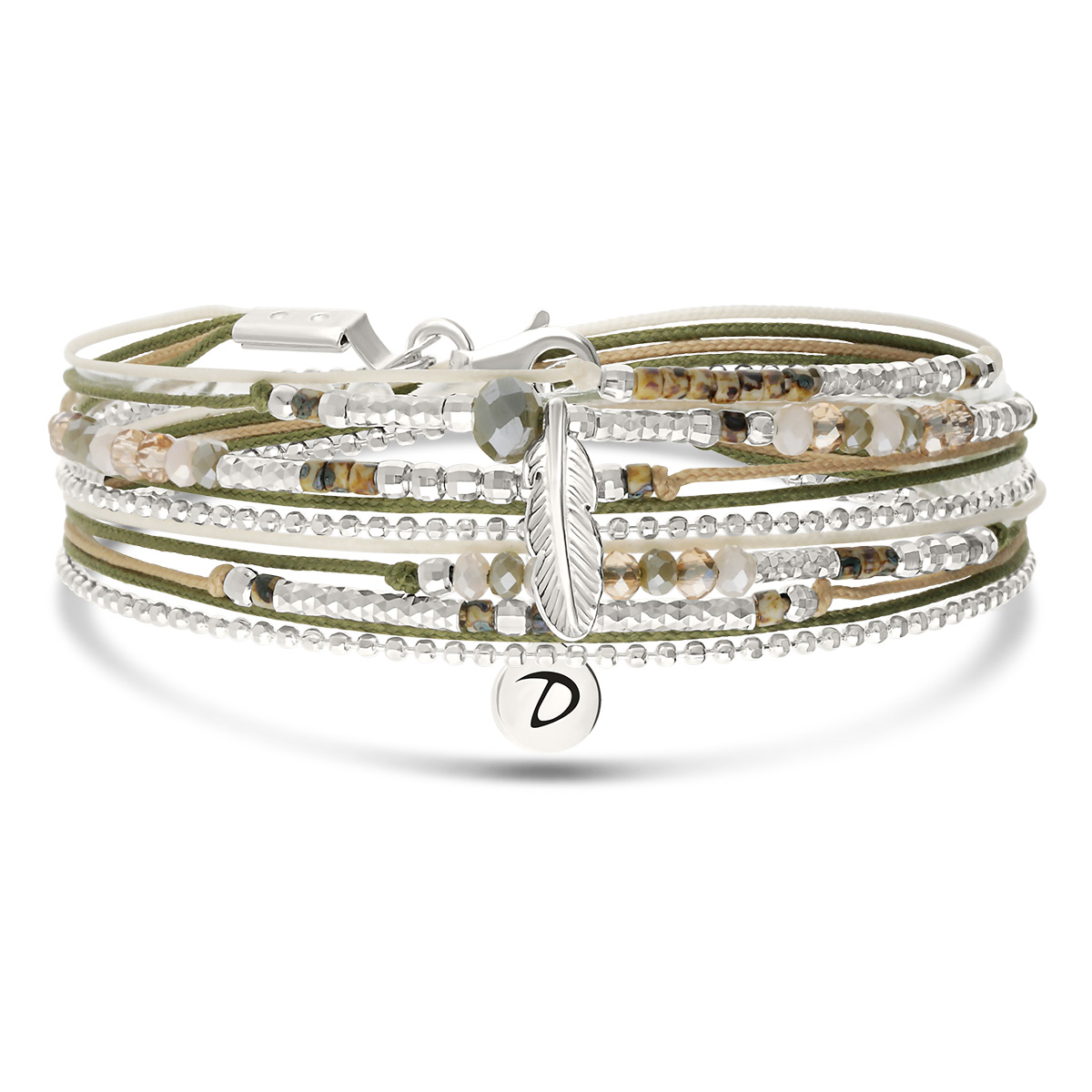 Bracelet 2 Tours Argent 925 Beige Léopard Plume Evora
