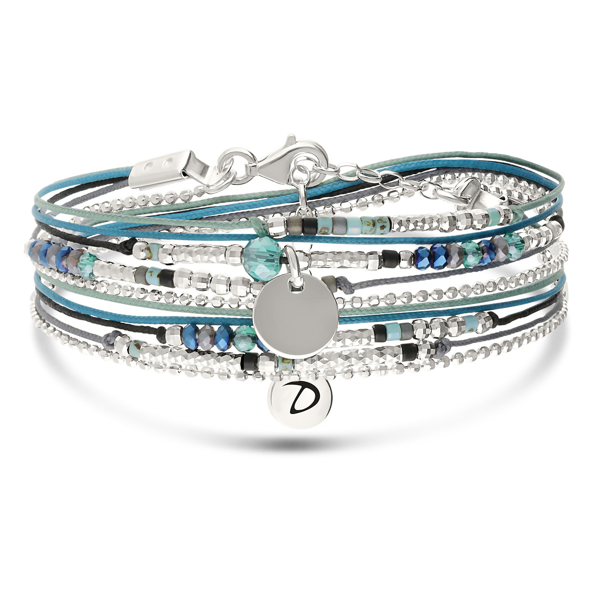 Bracelet 2 Tours Argent 925 Noir Turquoise Atlanta Pastille Gravable