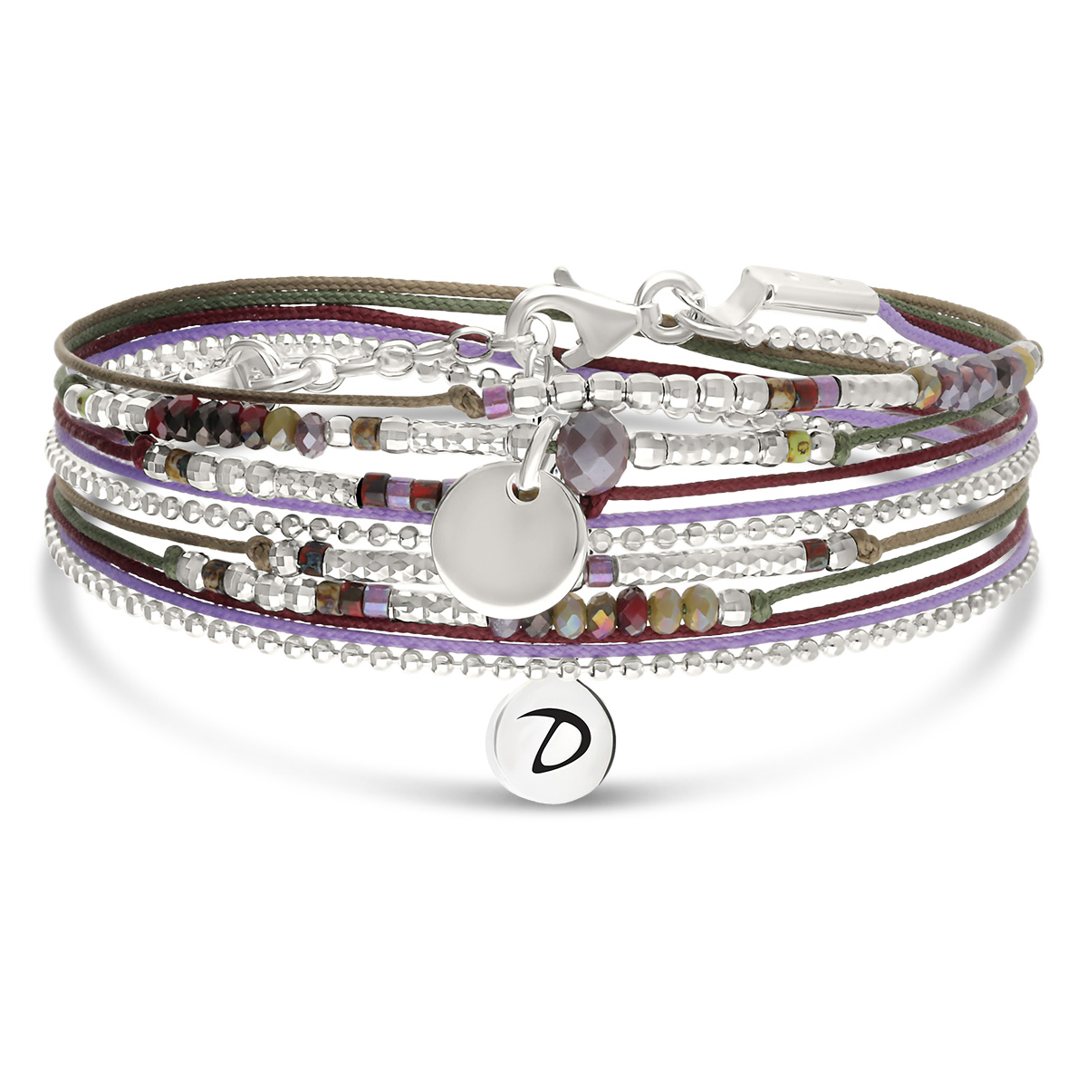 Bracelet 2 Tours Argent 925 Violet Kaki Atlanta Pastille Gravable