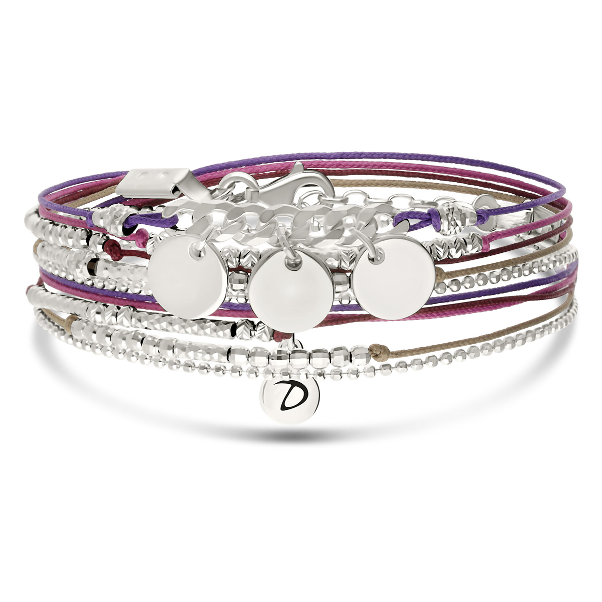 Bracelet Oklahoma Maille Rock Trois Pastilles Argent 925 Violet Prune Gravable