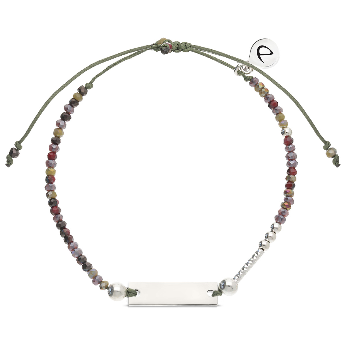 Bracelet Argent 925 Plaque à graver Cordon Kaki Perles Violet Kaki
