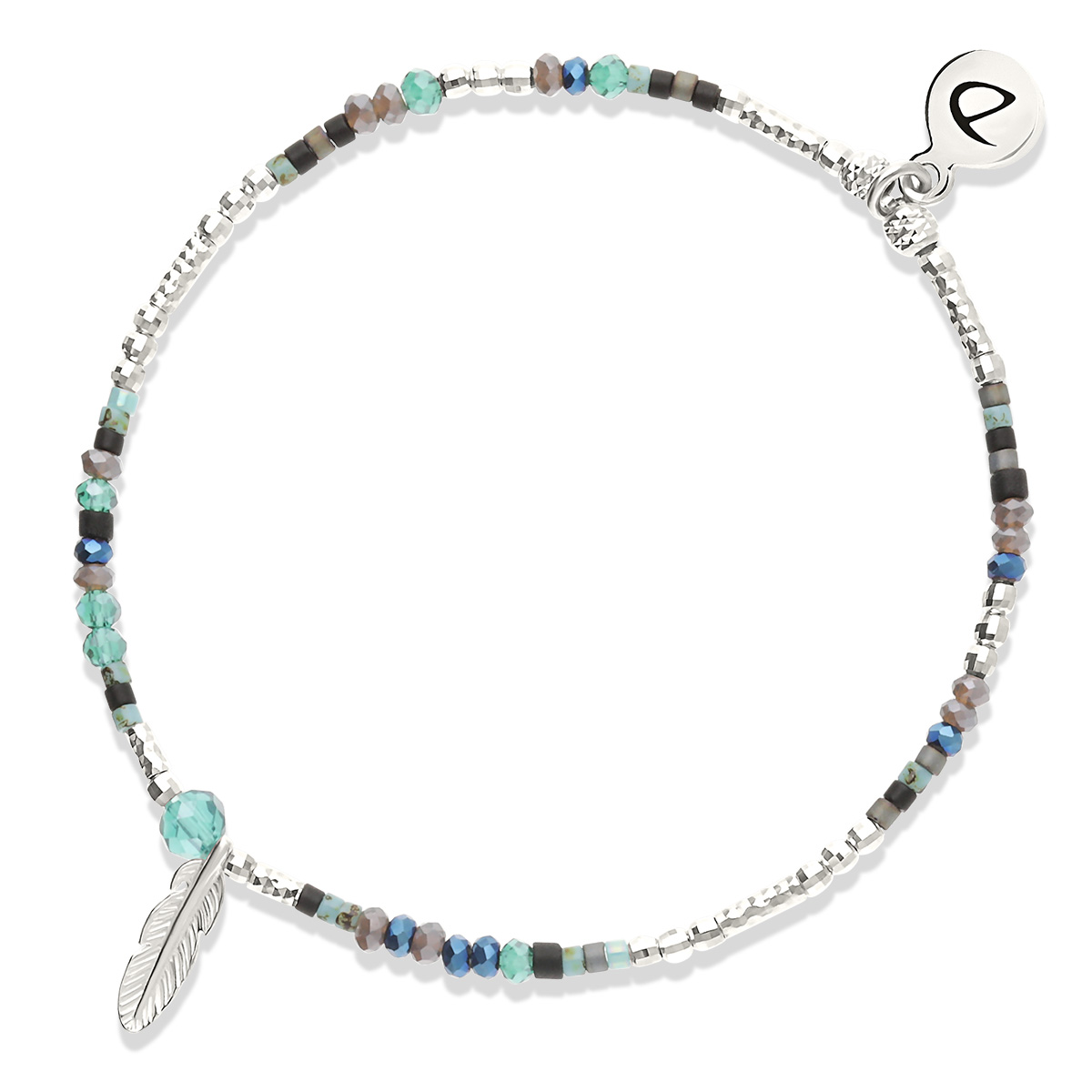 Bracelet Élastique Argent 925 Noir Turquoise Plume Merida