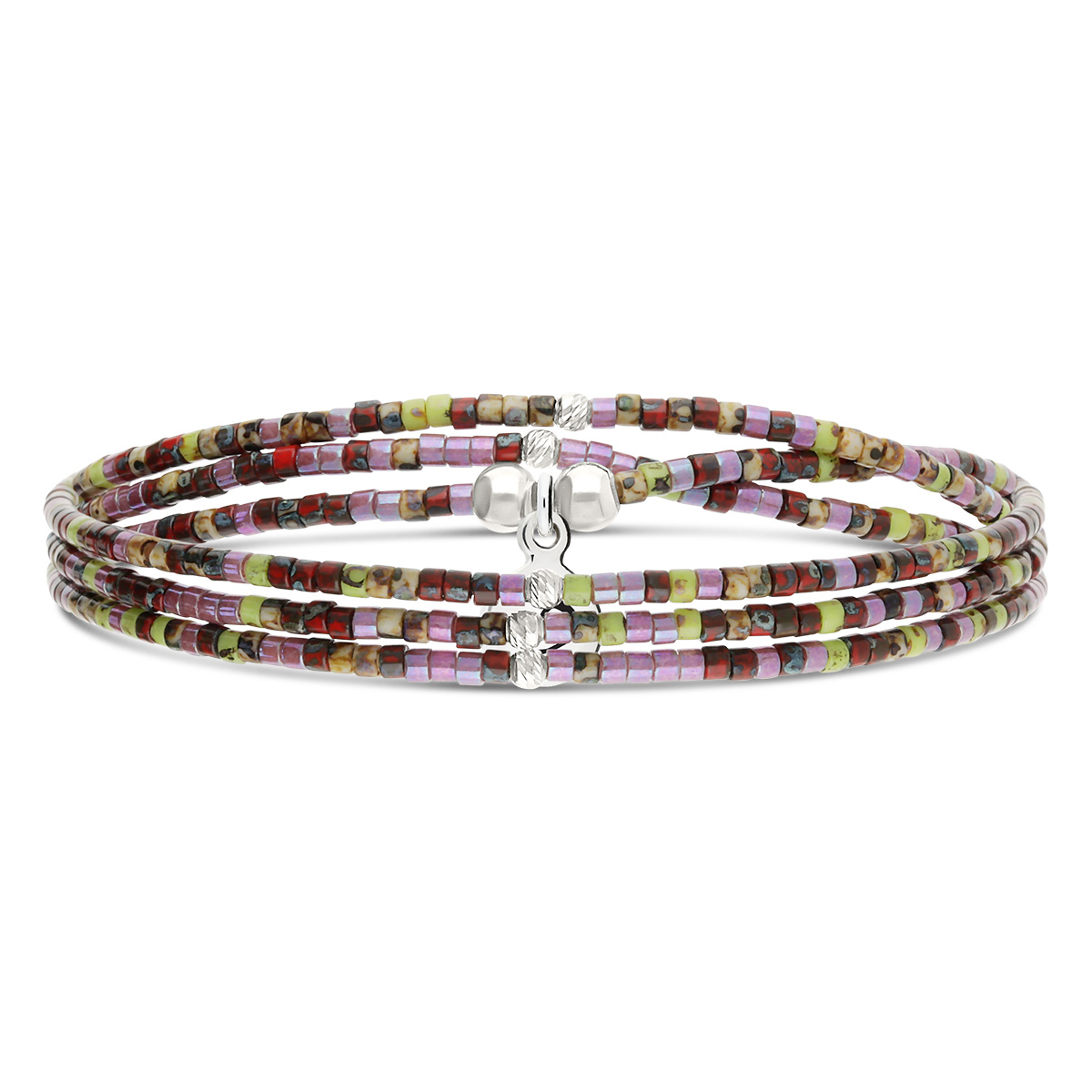 Bracelet Élastique 3 Tours Argent 925 Miyuki Violet Kaki