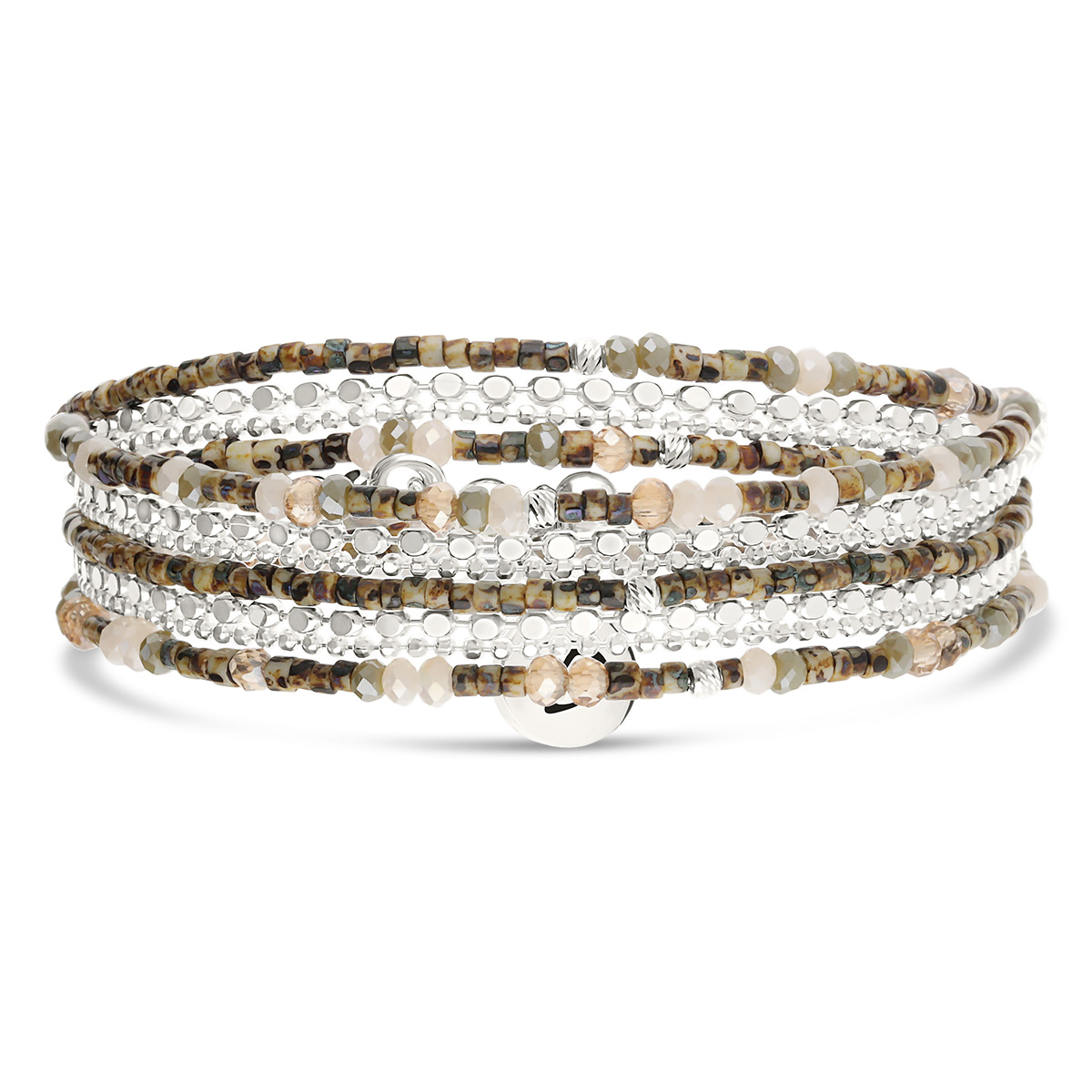 Bracelet Élastique 3 Tours Argent 925 Beige Léopard avec Chaînes