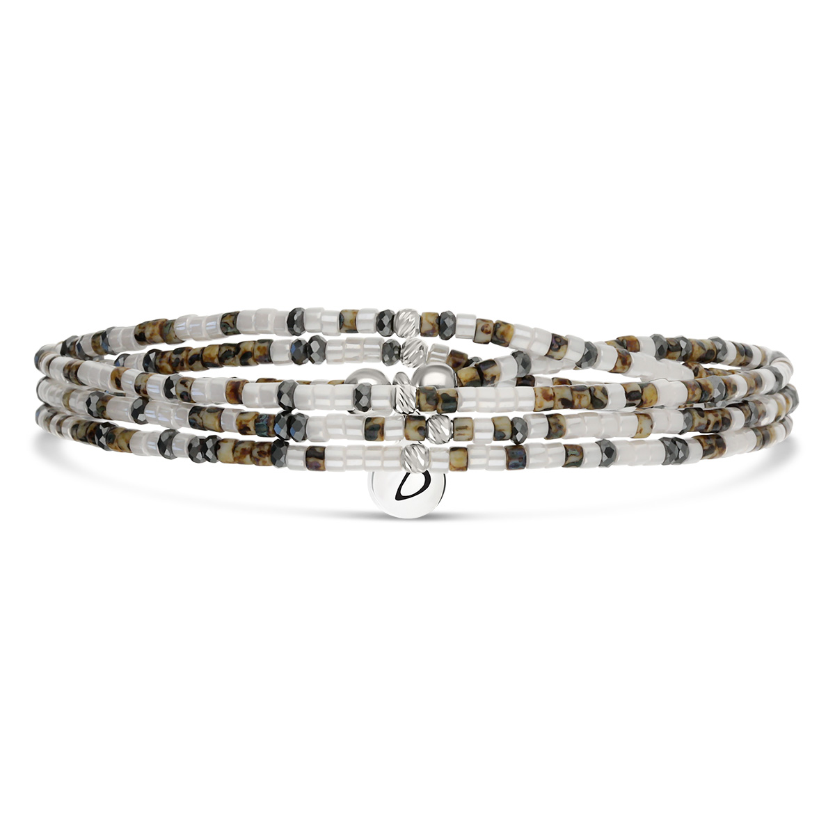 Bracelet Élastique 3 Tours Argent 925 Blanc Hématite Léopard Le Mix
