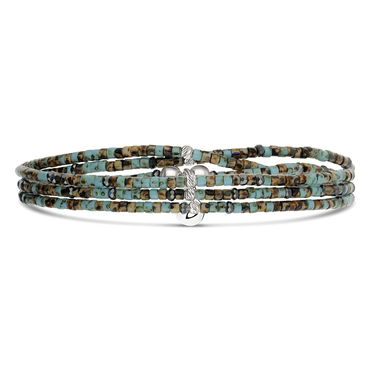 Bracelet Élastique 3 Tours Argent 925 Turquoise Hématite Léopard Le Mix