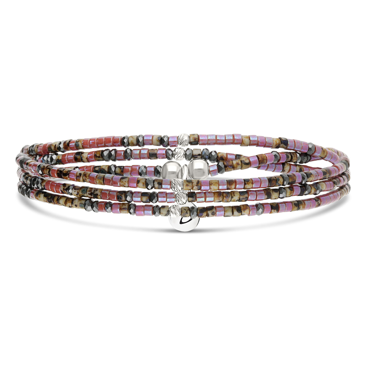 Bracelet Élastique 3 Tours Argent 925 Violet Hématite Léopard Le Mix