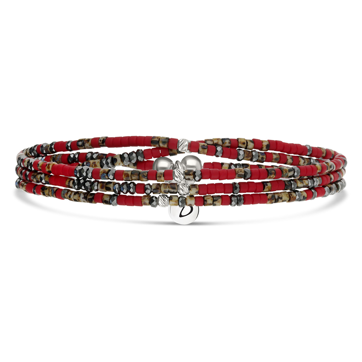 Bracelet Élastique 3 Tours Argent 925 Rouge Hématite Léopard Le Mix