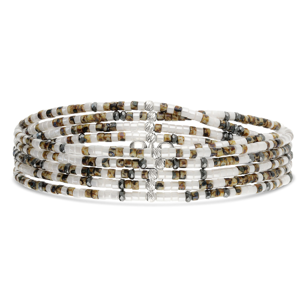 Bracelet Élastique 5 Tours Argent 925 Blanc Hématite Léopard Le Mix