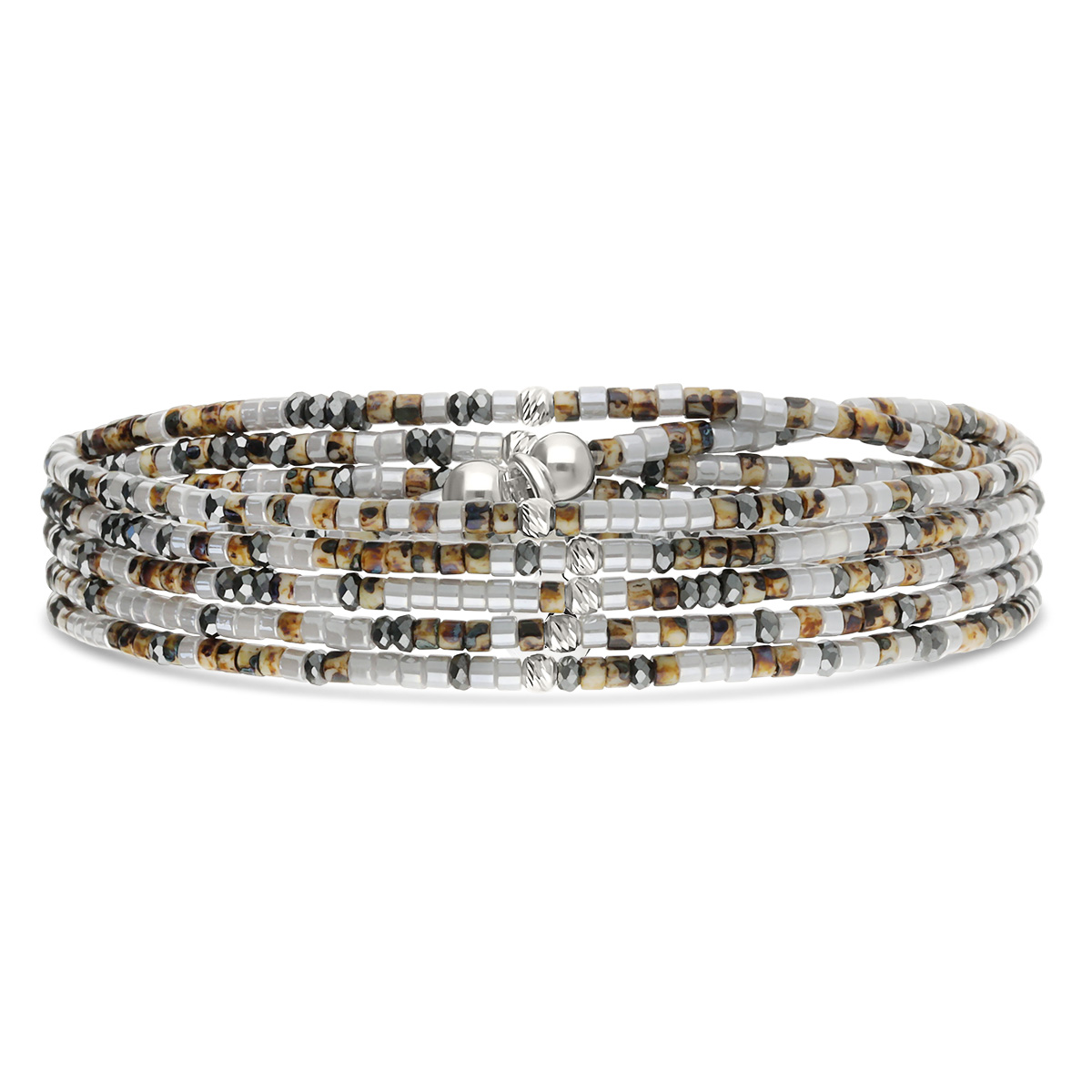 Bracelet Élastique 5 Tours Argent 925 Gris Hématite Léopard Le Mix