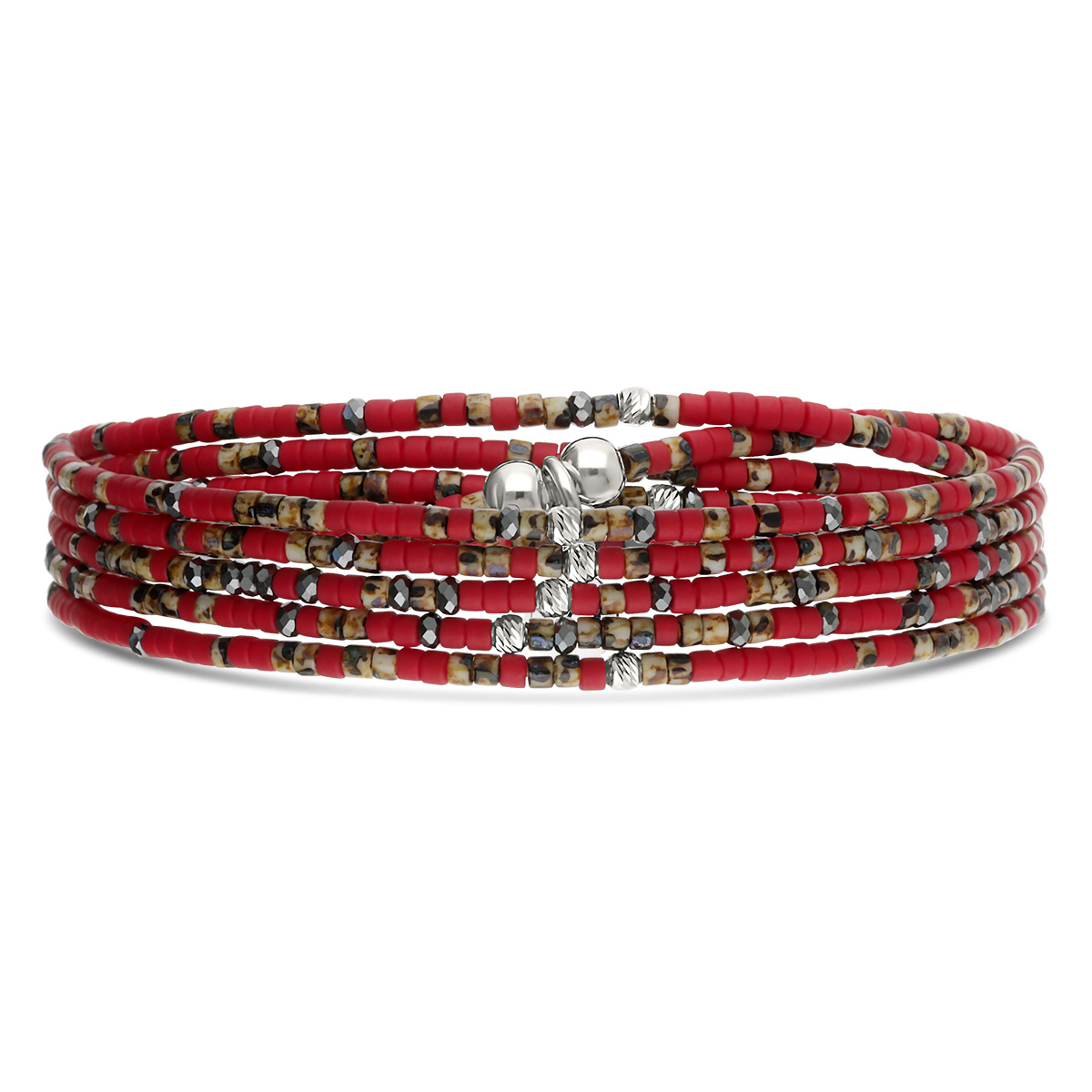 Bracelet Élastique 5 Tours Argent 925 Rouge Hématite Léopard Le Mix