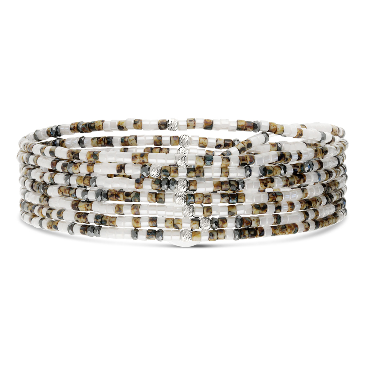 Bracelet Élastique 7 Tours Argent 925 Blanc Hématite Léopard Le Mix