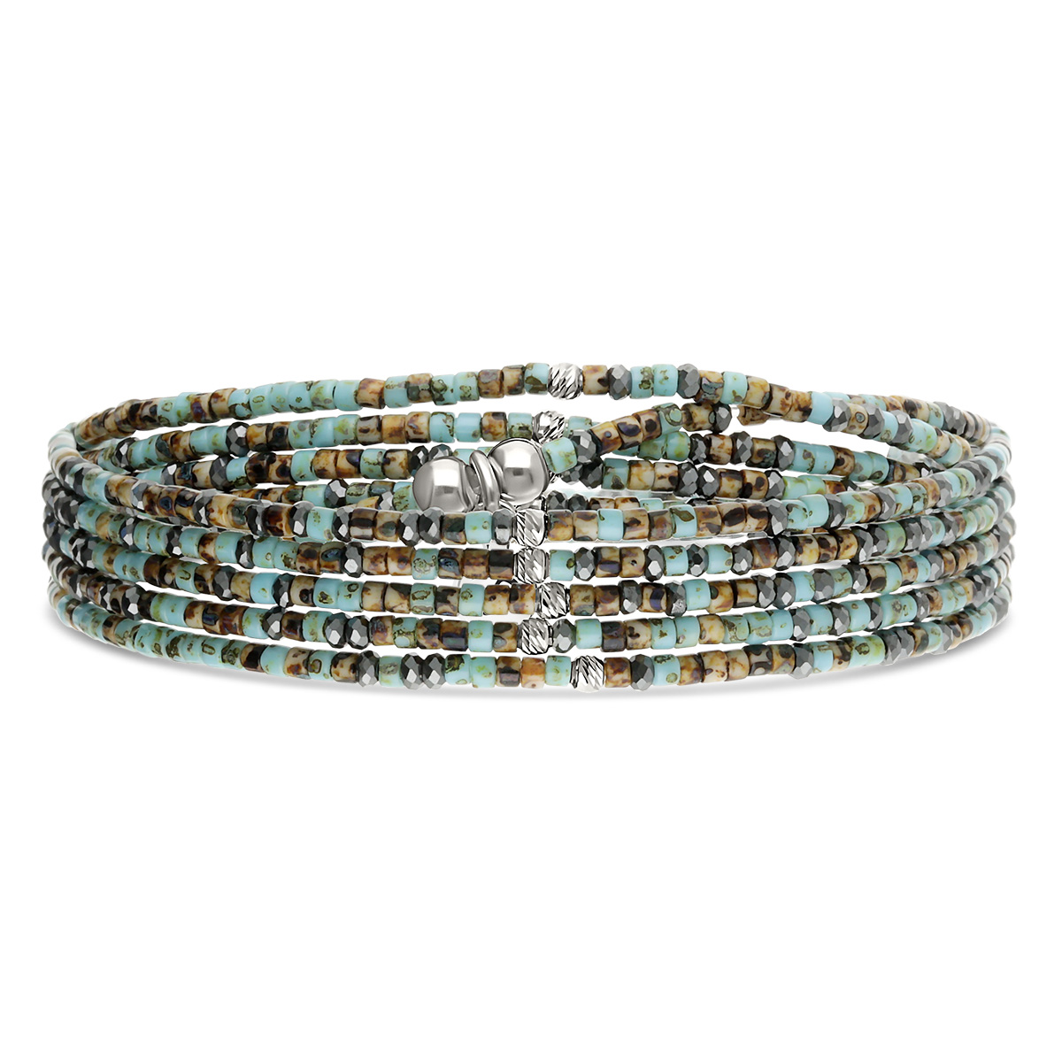 Bracelet Élastique 5 Tours Argent 925 Turquoise Hématite Léopard Le Mix