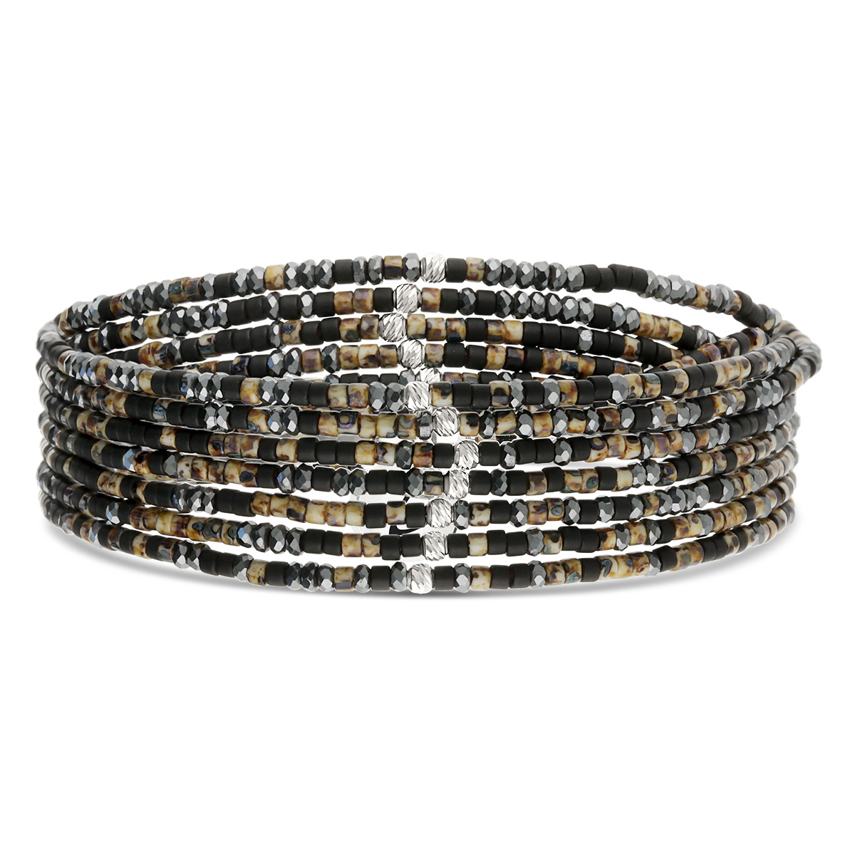 Bracelet Élastique 7 Tours Argent 925 Noir Hématite Léopard Le Mix