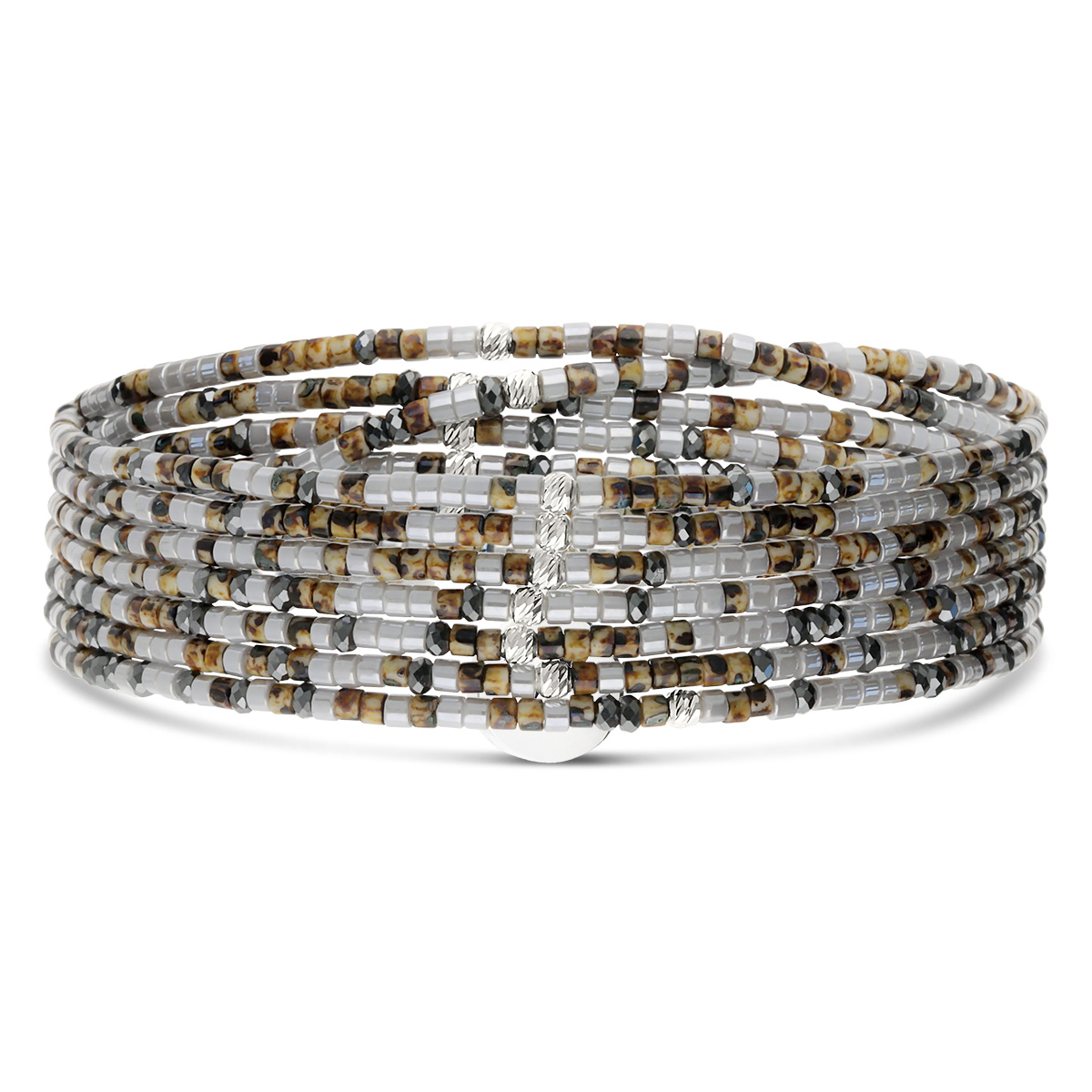 Bracelet Élastique 7 Tours Argent 925 Gris Hématite Léopard Le Mix