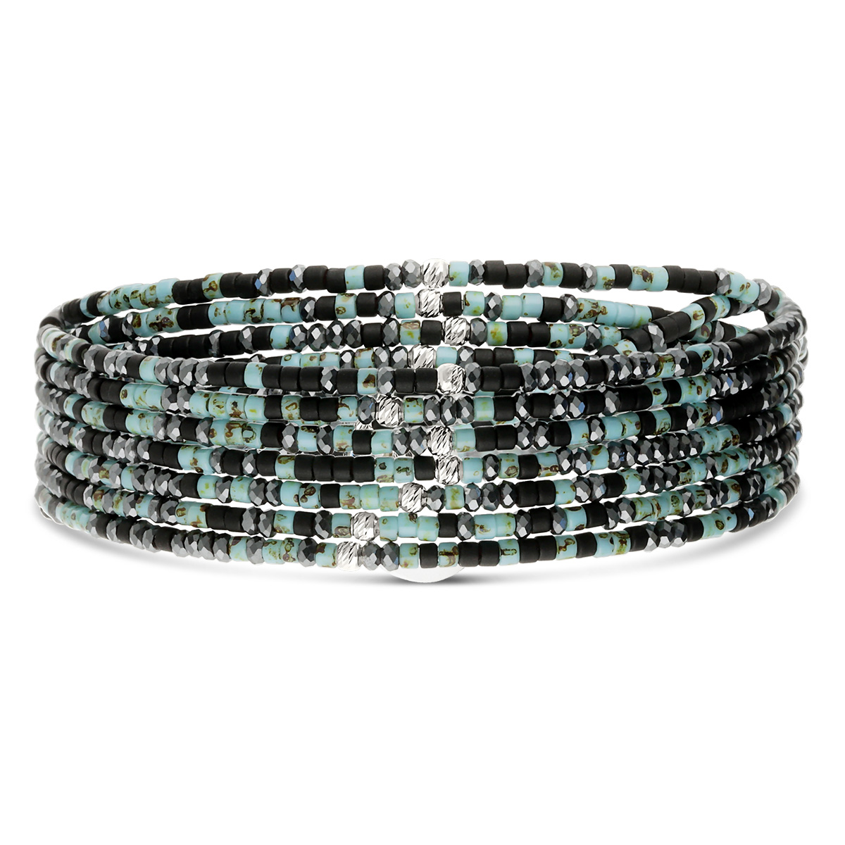 Bracelet Élastique 7 Tours Argent 925 Noir Turquoise Hématite Le Mix