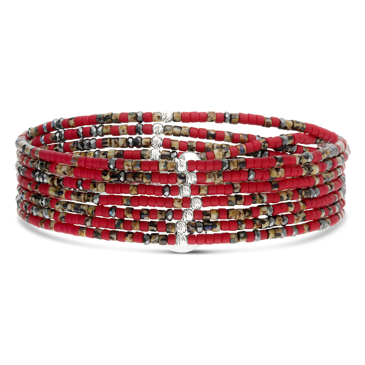 Bracelet Élastique 7 Tours Argent 925 Rouge Hématite Léopard Le Mix