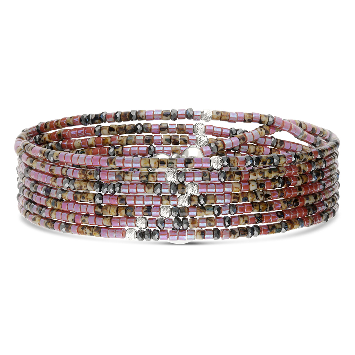Bracelet Élastique 7 Tours Argent 925 Violet Hématite Léopard Le Mix