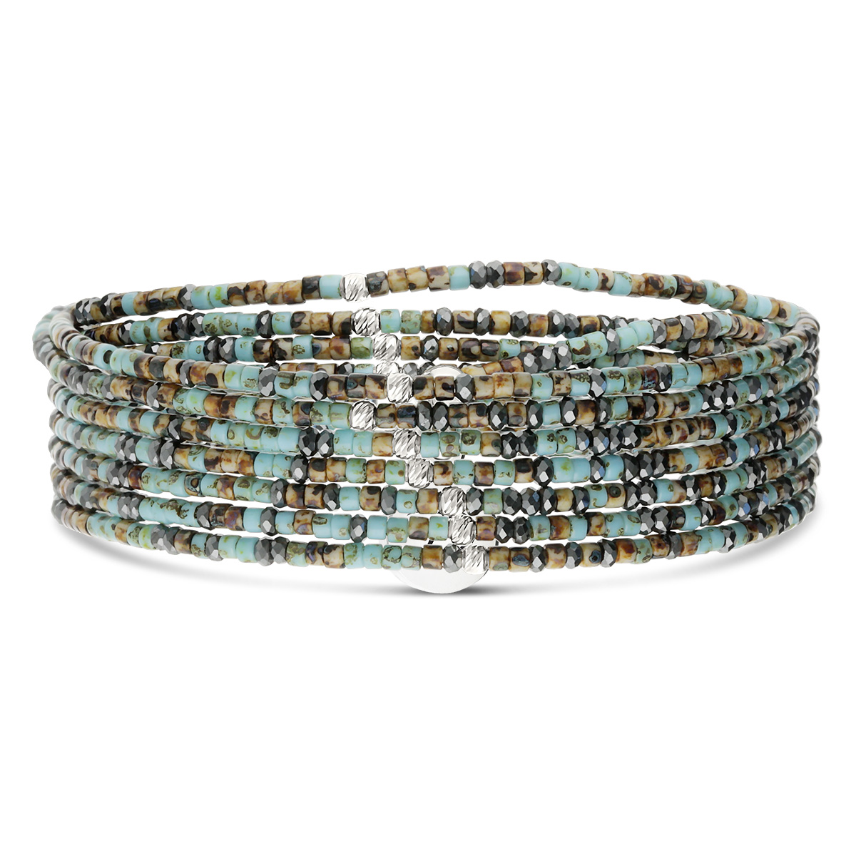 Bracelet Élastique 7 Tours Argent 925 Turquoise Hématite Léopard Le Mix