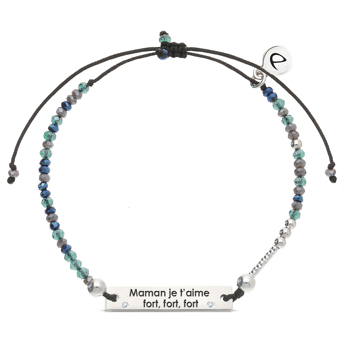 Bracelet Argent 925 Message Maman je t\'aime fort, fort, fort! Cordon Noir Perles Noir Turquoise