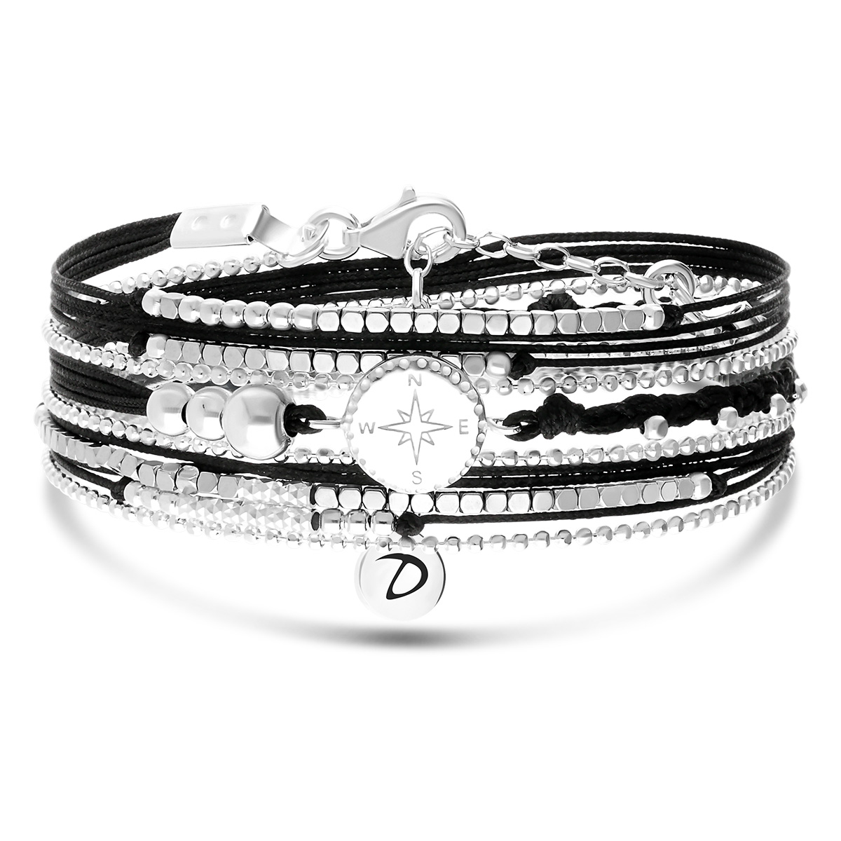 Bracelet 3 Tours Argent 925 Noir Hématite Rose Des Vents
