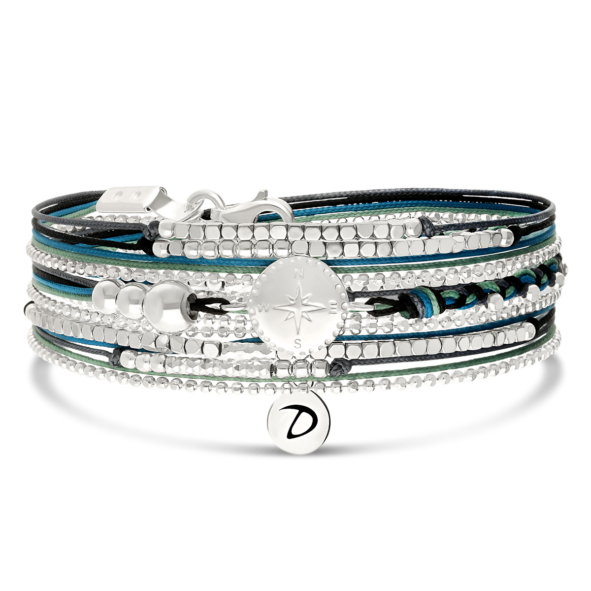 Bracelet 3 Tours Argent 925 Noir Turquoise Hématite Rose Des Vents