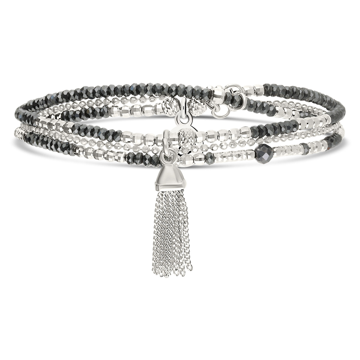 Bracelet Élastique 2 Tours Argent 925 Spring Hématite Pompon
