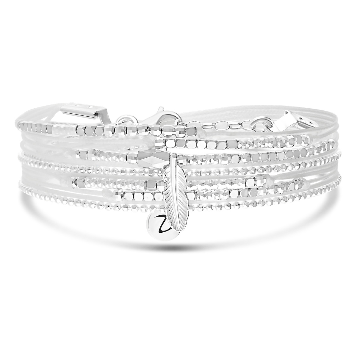 Bracelet 2 Tours Argent 925 Blanc Hématite Plume Evora