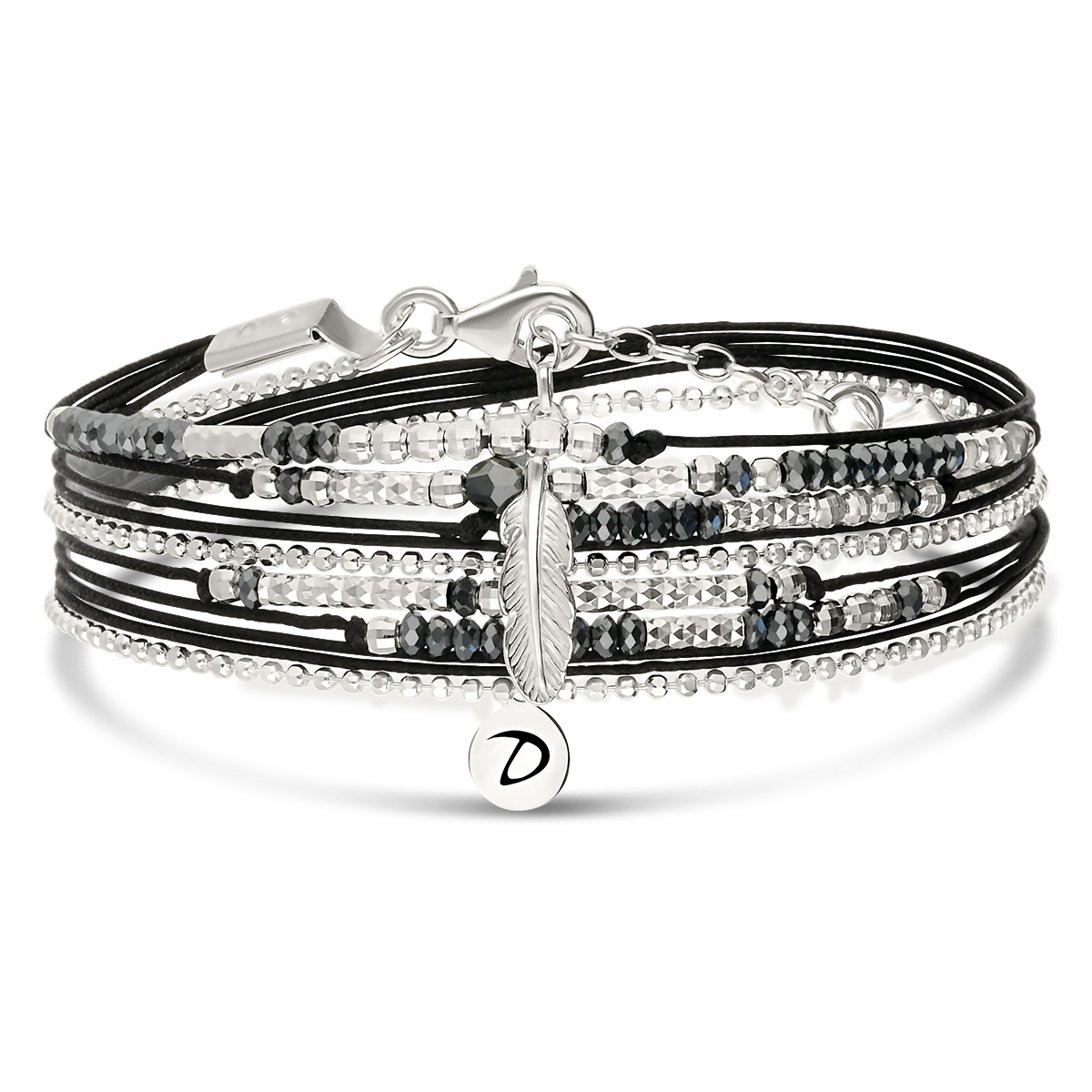 Bracelet Multi-Tours Argent 925 Noir Plume Evora