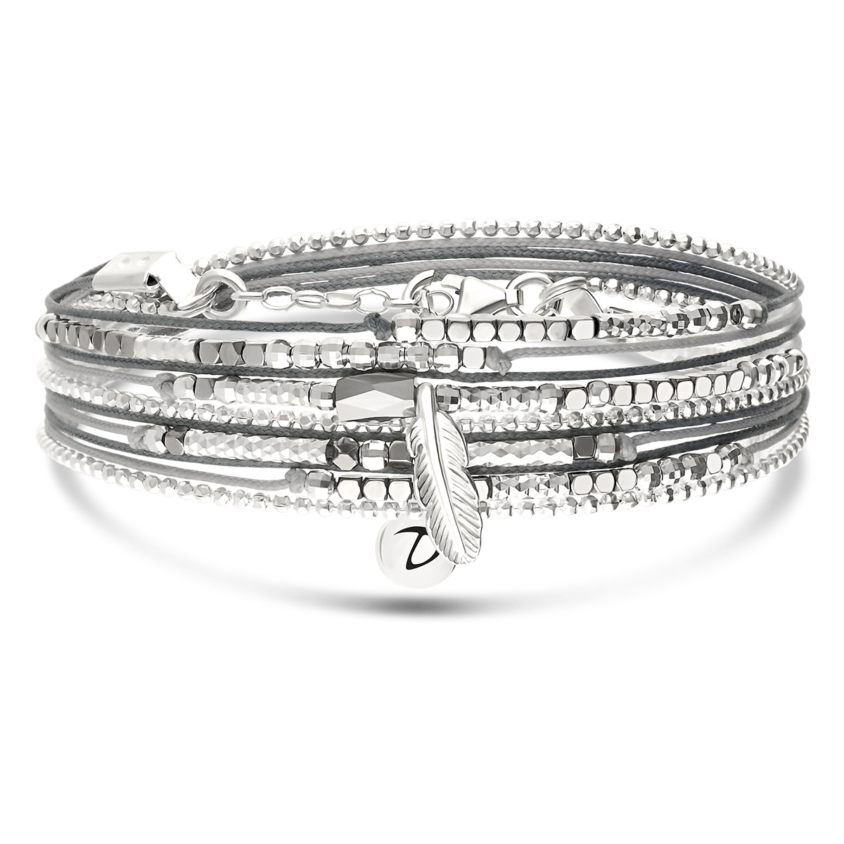 Bracelet 2 Tours Argent 925 Gris Hématite Plume Evora